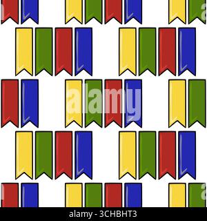 Seamless vector pattern of colorful hand-drawn pennants in yellow, green, red and blue, arranged in a repeating grid for festive or celebratory design Stock Vector