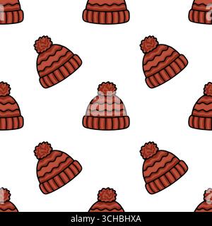Seamless vector pattern of hand-drawn brown knitted winter hats with pom-poms on a white background, featuring a playful, cartoonish style ideal for t Stock Vector