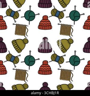 Seamless vector pattern featuring charming hand-drawn illustrations of winter beanies, yarn balls with knitting needles, and knitted fabric swatches, Stock Vector