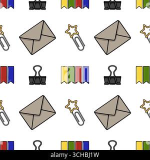 Seamless vector pattern featuring charming stationery elements: envelopes, binder clips, paper clips, and colorful banners, creating a cheerful and or Stock Vector