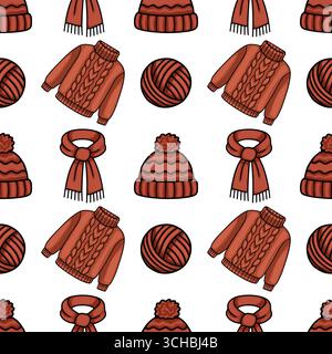 Seamless vector pattern of hand-drawn terracotta-colored winter clothing items: cozy sweaters, warm hats, and stylish scarves, playfully arranged agai Stock Vector