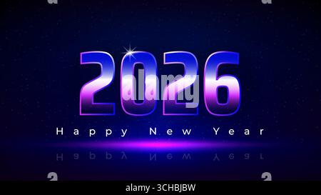 Happy New Year 2026, 26. New Year greeting card. Purple magenta blue numbers 2026 on a dark blue background. Futuristic technological design. Vector Stock Vector
