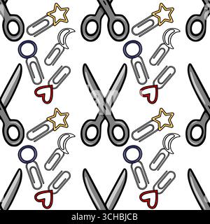 Seamless vector pattern featuring playful stationery items like scissors, paperclips adorned with hearts, stars, and moons, creating a cheerful and wh Stock Vector
