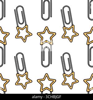 Seamless vector pattern featuring playful grey paperclips adorned with golden stars, creating a cheerful and organized design ideal for stationery or Stock Vector