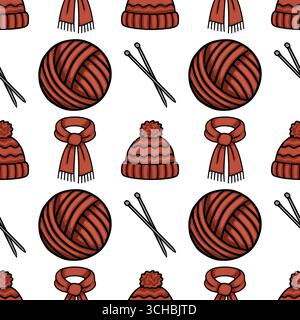Seamless vector pattern of hand-drawn winter accessories: cozy knitted hats, warm scarves, yarn balls, and knitting needles in terracotta hues, creati Stock Vector