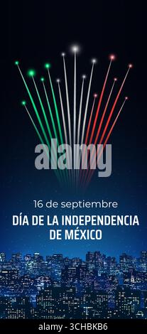 Banner september 16 mexico independence day, mexican fireworks on dark sky background. Fireworks, flag. National holiday. Greeting card. Vector Stock Vector