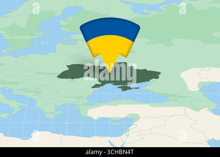 Ukraine Highlighted on Europe Map with Flag Icon. Detailed Vector Design. Stock Vector