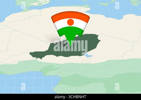Niger Location Highlighted on African Map with Flag Icon. Detailed Vector Design. Stock Vector