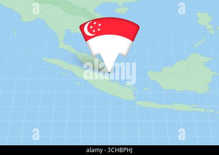 Singapore Location Highlighted on Asian Map with Flag Icon. Detailed Vector Design. Stock Vector