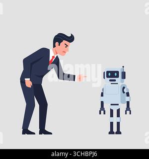 Businessman Pointing at Robot  Tech Conflict Illustration Stock Vector
