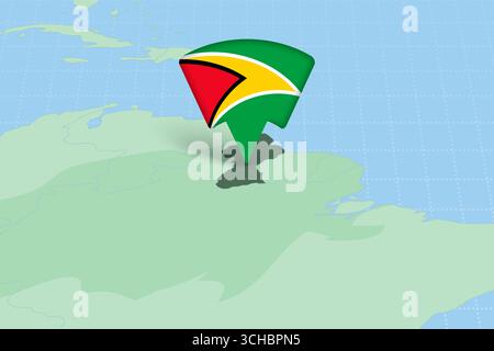 Guyana Location Highlighted on American Map with Flag Icon. Detailed Vector Design. Stock Vector