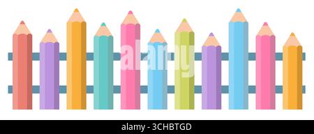 Cute children's fence made of colorful pencils. Horizontal seamless pattern Stock Vector