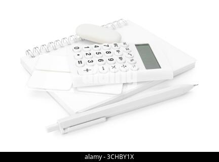 Different stationery and calculator isolated on white Stock Photo