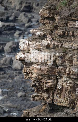 eroding cliffs ready to drop on Cornwall coast Stock Photo