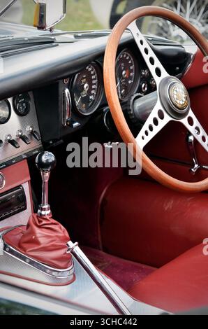 cockpit and steering wheel of vintage e-type jaguar sports car, norfolk, england Stock Photo