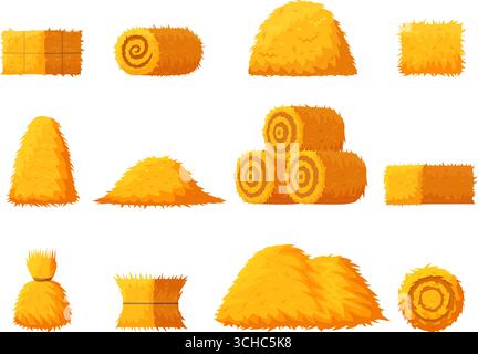 Cartoon hay collection. Yellow dry grass in bales, haystacks shapes. Agriculture countryside and village landscape elements, harvest sapid vector set Stock Vector