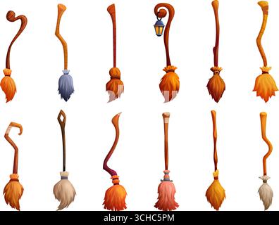 Cartoon witch brooms. Witches broom with wooden sticks, magic halloween accessories. Household tools old style, decorative wizard sapid vector set ori Stock Vector