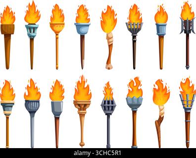 Cartoon medieval torches. Ancient torch with fire flame, metal wooden stone torchlights. Isolated flaming lights elements for castle or cave interior, Stock Vector