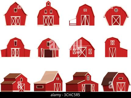 Cartoon red barns. Agriculture buildings, barn wooden constructions. Farmhouse architecture facades flat icons. Rural building sapid vector set origin Stock Vector
