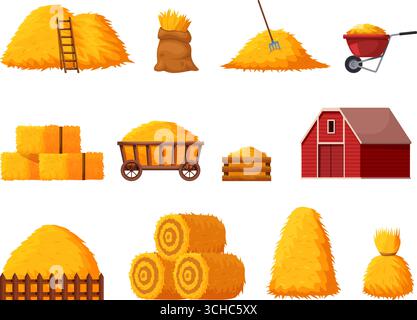 Hay piles and biles. Different farming agriculture elements, harvest time. Farm tools, red barn and cart for haystacks. Dry grass in sack, sapid vecto Stock Vector