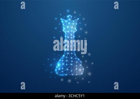 Digital glowing chess queen piece in polygonal low poly wireframe design on dark cyber background Stock Vector