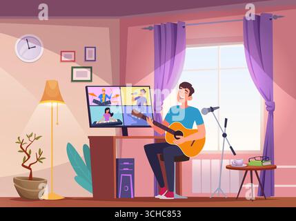 Blogger. male characters sitting in living room and playing on guitar. vector broadcasting concept original artwork Stock Vector