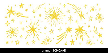 Hand drawn crayon funky cosmic yellow star background. Burst, explosion, bling, twinkle, glint, space, shooting star pencil handwriting, chalk scribbl Stock Vector