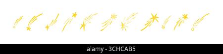 Set of hand drawn crayon shooting star, meteor, comet, asteroid. Cute kid doodle childish scribbles. Falling flying stars. Chalk, pastel school childr Stock Vector