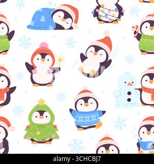 Christmas penguins seamless pattern. Cute penguin characters, funny south pole birds. Children style print for fabric or wrapping, racy vector backgro Stock Vector