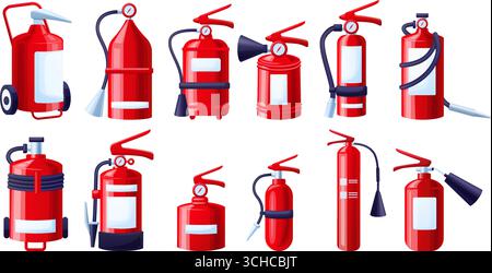 Cartoon fire extinguishers. Isolated red fire protection elements. Fighting safety equipment, extinguisher for office, car, home, nowaday vector set o Stock Vector