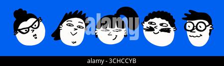 Doodle emoji in crayon style with funny expressions on blue background. Face smile icons in playful sketch vector look. Great for stickers, social Stock Vector