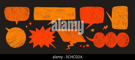 Crayon speech bubble set in orange and red on dark background with spooky texture. Halloween cartoon talk and speech vector. Use for stickers, party Stock Vector