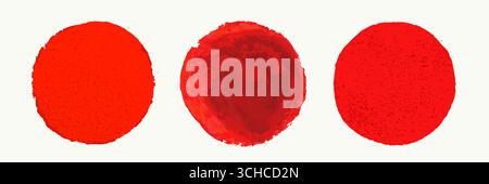 Japanese style red sun circles with grunge, paint, and textured finishes. Bold rising sun shapes in vector illustration. Perfect for posters, prints Stock Vector