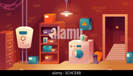 Boiler room. Home laundry cartoon interior, hvac pipe plumbing warm water system washing machine detergent on cabinet shelf house staircase in basemen Stock Vector