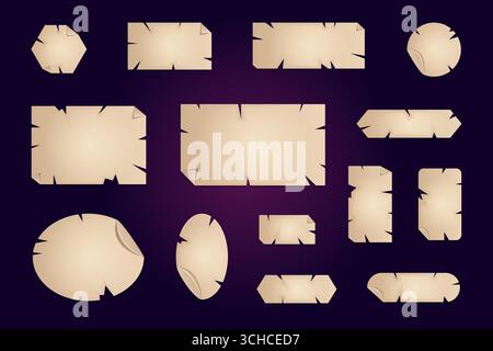 Old paper pieces. Game buttons torn papers frames, cartoon parchment papyrus sheets ancient script gaming menu level message medieval letter torn edge Stock Vector
