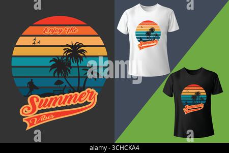 Retro sunset palm tree summer vibes t shirt design Stock Vector