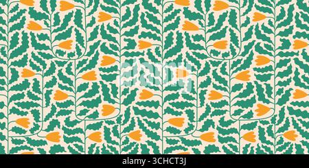 Minimalist summer botanical doodle background. Modern hand drawn yellow tiny flowers, wavy leaves vector seamless pattern art design. Stock Vector