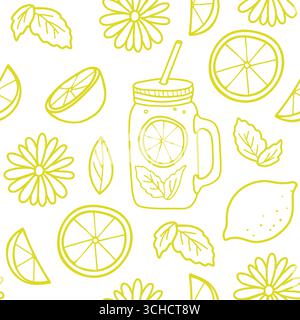 Summer seamless vector pattern with lemon, mint, lemonade Mason jar and Daisy Flower. Hand drawn Doodle illustration in yellow colors. For paper, menu Stock Vector