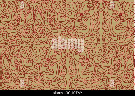 A dense, continuous vector pattern featuring abstract ghost faces and organic shapes drawn in a single reddish-brown line on a beige background. This Stock Vector