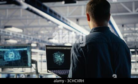 Data center admin using AI LLM chatbot suggestions to improve rigs processing speed and efficiency. Server hub worker using large language model to support artificial intelligence workloads, camera B Stock Photo