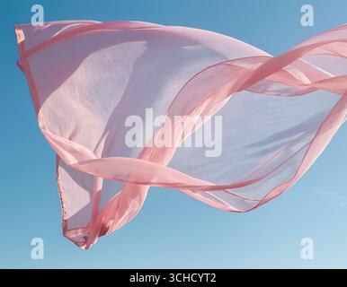 Flying pink transparent fabric wave on blue background and illuminated by sunlight, flowing waving silk fluttering cloth Stock Photo
