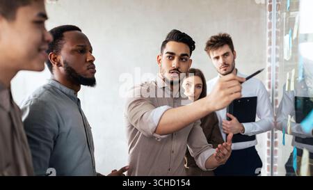 Businesspeople having meeting using sticky notes on glass wall Stock Photo