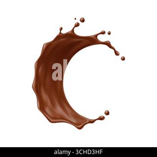 Round circle chocolate drink wave splash with smooth curve and droplets mid air. Vector sweet cocoa liquid in motion fluid dessert and food swirl. Isolated realistic 3d cocoa Brown stream with drops Stock Vector