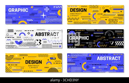 Geometric memphis banners with simple shapes and line figure pattern, vector background layouts. Modern or retro Y2K abstract Memphis pattern backgrounds with minimal geometric figures for banners Stock Vector
