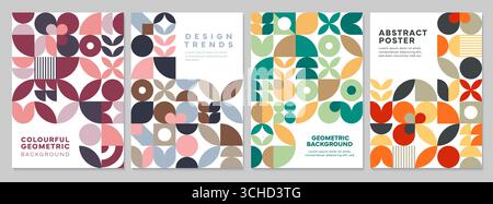 Modern abstract posters with geometric pattern made of circles, petals and angular shapes. Vector vertical contemporary backgrounds with bold yellow, turquoise, purple, pink, red, gray and orange hues Stock Vector