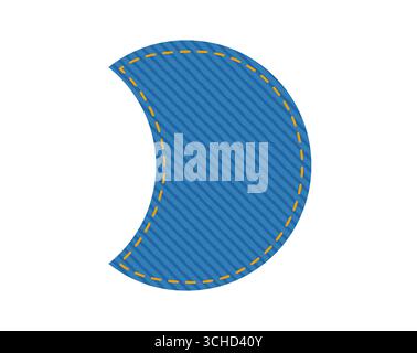 Patch denim moon shape with stitches seam jeans fashion illustration. Flat apparel blue color template isolated on white background Stock Vector