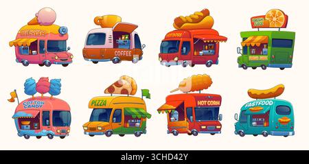 Food truck cars, festival street foodtruck vans. Vector ice cream, pizza, coffee and hot dog, fresh juice drink and corn shops on wheels. Cartoon fast food restaurant truck and cotton candy foodtruck Stock Vector