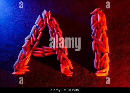 Artificial Intelligence Concept with Neon Glow and Pasta Creativity Stock Photo