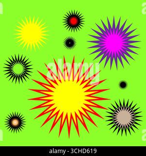 Abstract starburst shapes. Colorful explosion effect. Bright decorative elements. Vector holiday pattern. Stock Vector