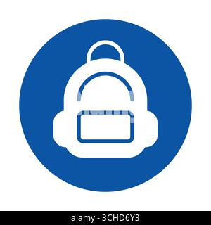 A simple and stylish white backpack icon set against a vibrant blue circle. Perfect for designs related to education, travel, or outdoor adventures. Stock Vector